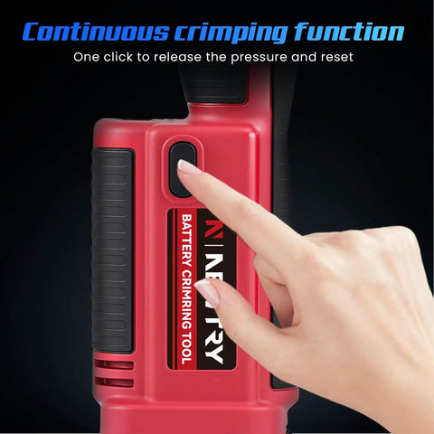 Pro Grade Built Tough Cordless Hydraulic Cable Lug Crimper Six Ton Electric Terminal Pliers showing pressure release button and grip.