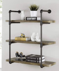 Half Inch Black Painted Iron Pipe Set 10 Pack used in wall-mounted shelving unit with decor items and books.