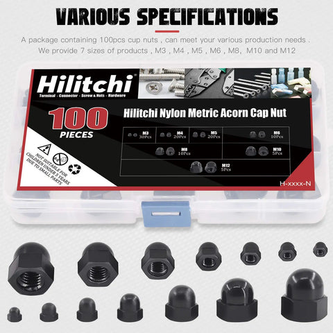 Black Nylon Acorn Nuts Assortment Kit 7 Sizes 100 Pcs Inner Threaded Dome Cap Nuts M3 M4 M5 M6 M8 M10 M12 box view