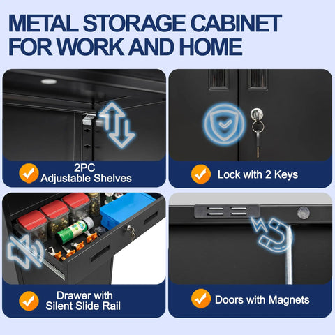 Heavy Duty Metal Garage Storage Cabinet With Locking Doors And Two Adjustable Shelves, Tall Black Lockable Tool File Cabinet For Garage, Shop, Office And Warehouse, 71 Inch High showing adjustable shelves, lock and drawer