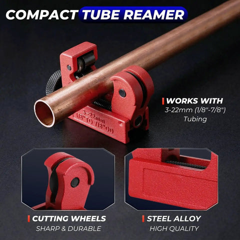 Heavy Duty Copper Pipe Cutter Set With Mini Tube Cutter for Quarter Inch to Two Inch Copper PVC Aluminum Brass Metal Tubing Tools shown cutting copper pipe