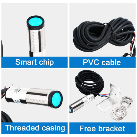 12V And 24V Laser Sensor Photoelectric Switch showing M18 threaded casing, PVC cable, smart chip, and installation bracket.