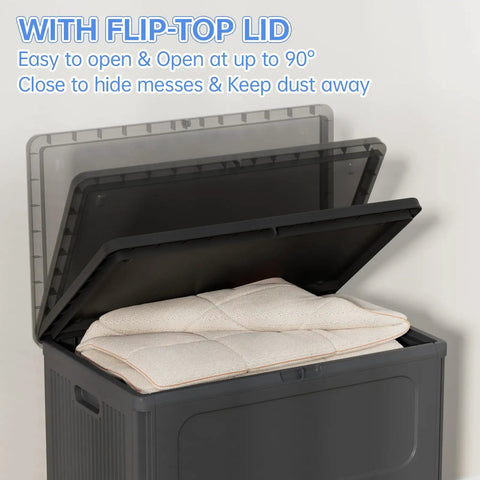 Hella Spacious Rolling Storage Totes With Snappy Lid Covers And Easy Glide Wheels Big Boy 130 Quart Plastic Organizer Bins showing open lid with plush blanket inside.