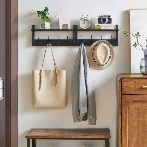Coat Rack Shelf Wall Mount With 8 Hooks Set Of 2 Thirty One And A Half Inch Floating Shelf And Hat Rack Black Slick Entryway Organizer