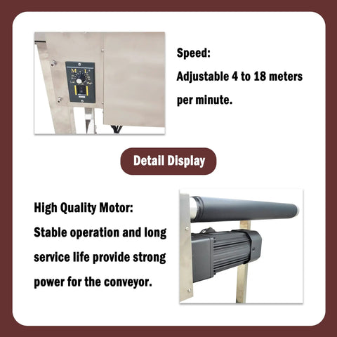 Close-up of control panel and motor on 177 Inch PVC Flat Conveyor Workhorse With Adjustable Speed 110V 370W Heavy-Duty Stainless Steel Frame.
