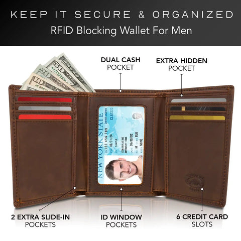 Open view of trifold leather wallet for men with RFID blocking, 9 card slots, ID window, divided billfold, and cash pockets.