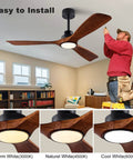 Cool 52 Inch Wood Ceiling Fan With Light Remote, Quiet DC Motor, 3 Solid Wood Blades In Black And Dark Walnut, installation