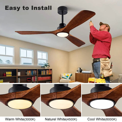 Cool 52 Inch Wood Ceiling Fan With Light Remote, Quiet DC Motor, 3 Solid Wood Blades In Black And Dark Walnut, installation