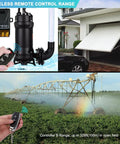 Long Range Wireless Remote Switch with 328 ft reach, shown controlling a garage door and irrigation system, easy install setup.