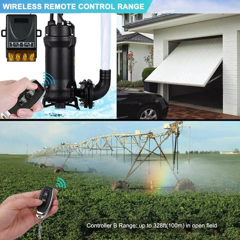 Long Range Wireless Remote Switch with 328 ft reach, shown controlling a garage door and irrigation system, easy install setup.