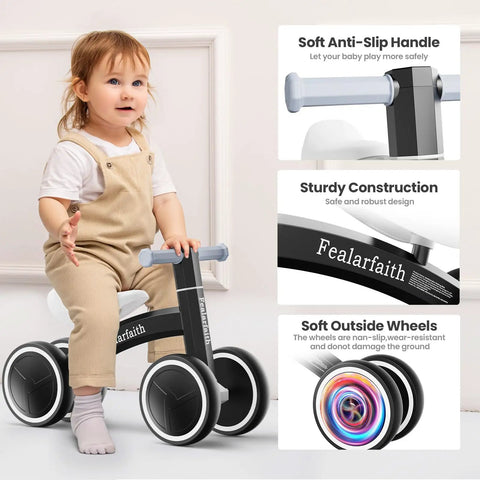 Toddler on black Toddler Balance Bike With Four Colorful LED Wheels That Light Up When They Move No Batteries Needed Great First Bike