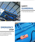 Rock Solid Heavy Duty Hydraulic Scissor Lift Table For Big Time Warehouse Cargo Handling Mobile Platform showing safety guardrail and emergency stop controls.