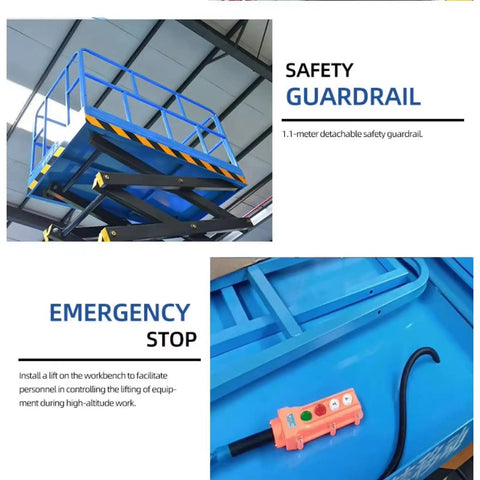 Rock Solid Heavy Duty Hydraulic Scissor Lift Table For Big Time Warehouse Cargo Handling Mobile Platform showing safety guardrail and emergency stop controls.