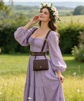 Absolutely Rad Renaissance Belt Pouch For Women, Dope Pirate Halloween Cosplay Hip Bag, Extra Large Capacity Hands Free Smartphone And Keys Holster In Vintage Sepia worn with a lavender dress and flower crown.