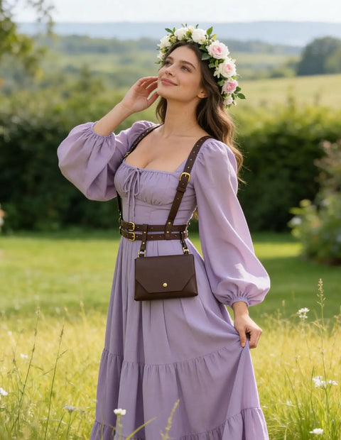 Absolutely Rad Renaissance Belt Pouch For Women, Dope Pirate Halloween Cosplay Hip Bag, Extra Large Capacity Hands Free Smartphone And Keys Holster In Vintage Sepia worn with a lavender dress and flower crown.