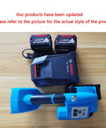 PRO GRADE RECHARGEABLE STRAPPING TOOL FOR PP AND PET PLASTIC BELTS WITH 3000 MAH BATTERY AUTOMATIC HOT MELTING BANDING MACHINE and battery charger.
