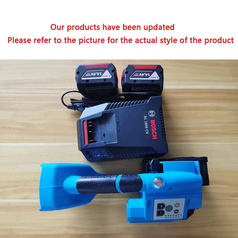 PRO GRADE RECHARGEABLE STRAPPING TOOL FOR PP AND PET PLASTIC BELTS WITH 3000 MAH BATTERY AUTOMATIC HOT MELTING BANDING MACHINE and battery charger.