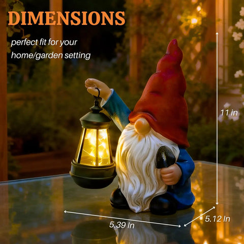 Garden Gnome Statue With Shovel And Lantern, Solar LED Lights That Glow At Night, on table with dimensions shown
