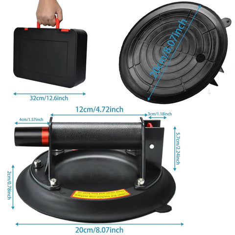 8 Inch Glass Suction Cups Set Of 2 With Carrying Case Vacuum Lift For Large Glass Up To 330 Lbs showing dimensions and handle detail