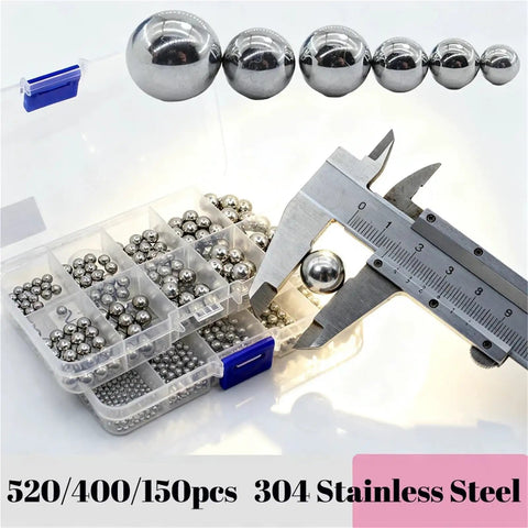 Stainless Steel Bearing Balls Kit With Pro Grade Precision Balls In Multiple Sizes 10 And 15 Includes 520 400 And 150 Pcs Sets For Smooth Operation And Durable Rust Resistant Performance In Precision Machining And DIY Hobby Projects.
