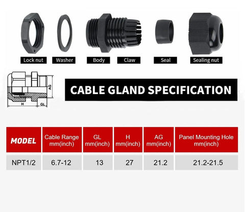 Waterproof 12 Pack One Half Inch NPT Cable Gland Set With Adjustable 6-12mm Glands Nylon Joints And Gaskets For Indoor Outdoor Use Reliable Weatherproof Sealing. NPT1/2 parts and size chart