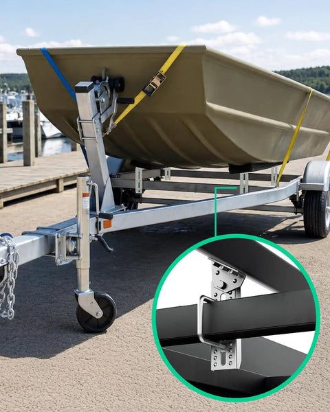 Rock Solid Heavy Duty Boat Trailer Bunk Brackets 4 Pack With Galvanized Steel Swivel Top Mount and Anti Slip Design for 1.5X3 2X3 3X3 Inch Crossmembers used on a boat trailer.