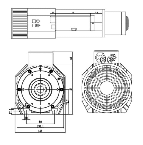 Professional Air Cooled Spindle Motor 9Kw 220V 380V With Automatic Tool Change Iso30 Collet For Cnc Milling Routers technical drawing with dimensions.