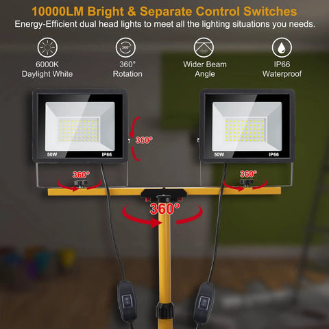 Ultra Bright 10000 Lumen Dual Head LED Work Light with adjustable arms and labels showing 360° rotation and IP66 waterproof rating