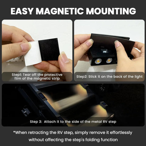 Magnetic mounting of Solar RV Step Lights For Camper And Trailer, No Wire LED Stair Light Strip, IP65 Waterproof, Auto On At Dusk.