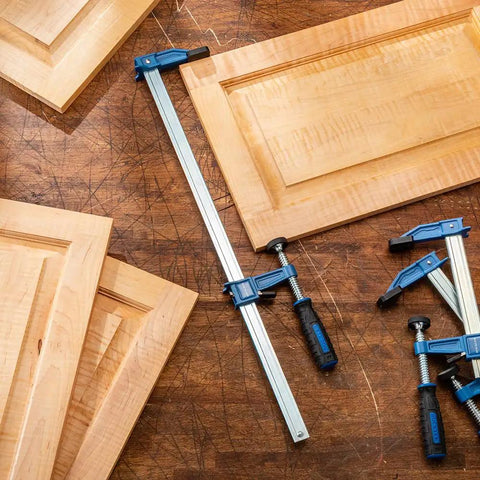 18 Inch Sure Foot F Style Clamp With No Tip Base for hands-free woodworking with light wood panels on workbench