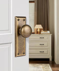 Two Pack Old School Vintage Antique Brass Dummy Door Knobs With Long Plate For Interior Use Non Turning Single Sided For Closets Pantries Or French Doors on white door