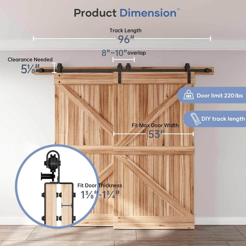 Heavy Duty 8 Ft Bypass Double Sliding Barn Door Hardware Kit With Single Track For 53 Inch Wide Doors, installed view