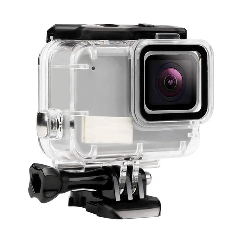 Hero 7 White And Silver Waterproof Housing Case With 30m Depth, heavy duty protective shell and HD anti-scratch lens visible