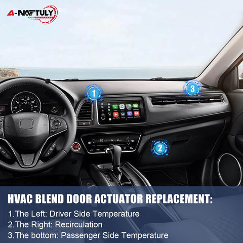 Car interior showing HVAC Blend Door Actuator Replacement controls for driver, recirculation, and passenger temperature zones.