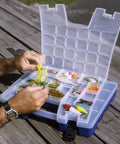 Open Multi Compartment Hardware And Crafts Portable Organizer Storage Case with sturdy handle showing sorted fishing lures.