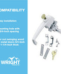Keyed Push Button Tie Down Door Latch For Screen And Storm Doors White Finish No Lock Out Technology Ideal For Out Swinging Metal Or Wood Doors 0.75 To 1.25 Inches Thick Durable Construction Easy To Install product with accessories and keys