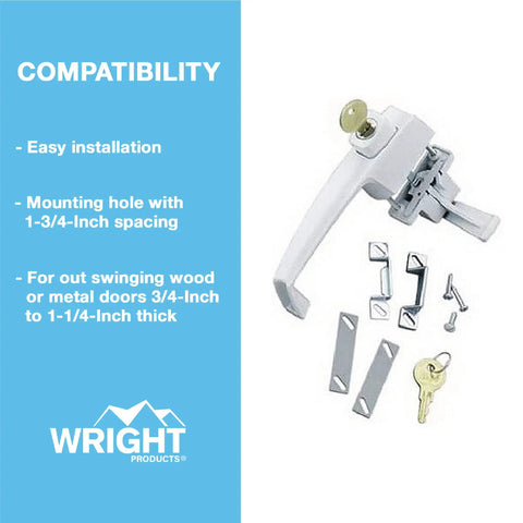 Keyed Push Button Tie Down Door Latch For Screen And Storm Doors White Finish No Lock Out Technology Ideal For Out Swinging Metal Or Wood Doors 0.75 To 1.25 Inches Thick Durable Construction Easy To Install product with accessories and keys