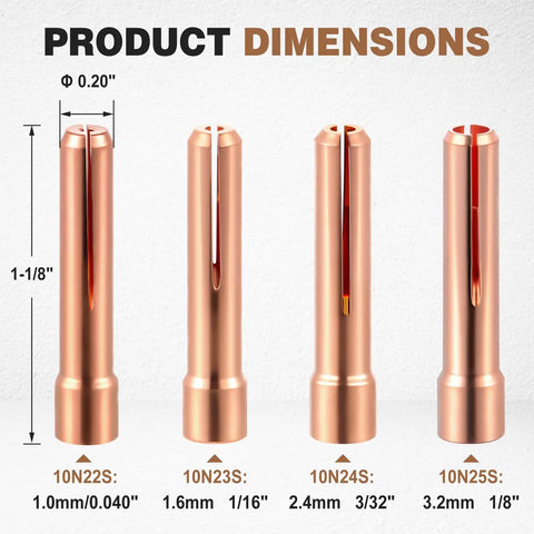 53 Piece TIG Welding Torch Consumables Kit with collets showing 4 sizes and dimensions for WP-17/18/26 welders.