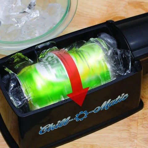 Instant Beverage Cooler That Chills 12 Oz Cans In 60 Seconds Portable Electric Drink Chiller with spinning design and ice.
