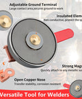 Beefy 500 Amp Magnetic Welding Ground Clamp With 3.34 Inch Quick Release Magnetic Mount, features labeled for industrial use