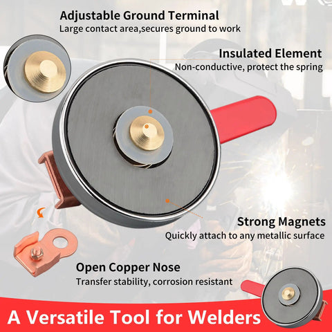 Beefy 500 Amp Magnetic Welding Ground Clamp With 3.34 Inch Quick Release Magnetic Mount, features labeled for industrial use