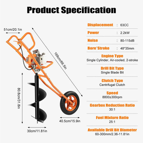 Product specifications with Beefy 2.2kW Gas Powered Post Hole Digger With 63cc 2-Stroke Engine and 0.34 Gal Fuel Tank