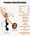 Gas Powered Post Hole Digger With 11 Inch Bit, 63cc Two Stroke Earth Auger, Side View With Specifications Sheet