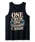 Black tank top with 'One Crew One Canoe' design, Team Spirit Rowing Tank Top For Game Day Crew Competition And Morning Practice Ready For Regattas.