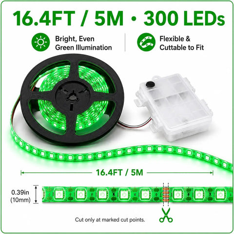 Battery Powered Boat LED Strip Lights No Wiring Needed 16.4ft Green Glow Easy Install Under Deck Lighting For Pontoon Kayak Sailboat Fishing Boat Interior Upgrade Uses 3 AA Batteries Batteries Not Included, roll of green LED strip with battery case