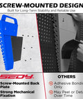 Blue screw-mounted magnetic wrench organizer being installed on a pegboard, highlighting durability and stability features.