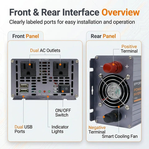 Beast Mode 2000W Power Inverter 4000W Peak Convert 12V DC To 120V AC interface overview showing dual AC outlets, USB ports, and terminals.
