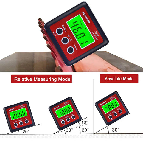 Digital Level Box Protractor Inclinometer With Magnetic Base And Bright LCD Backlight showcasing relative and absolute modes.