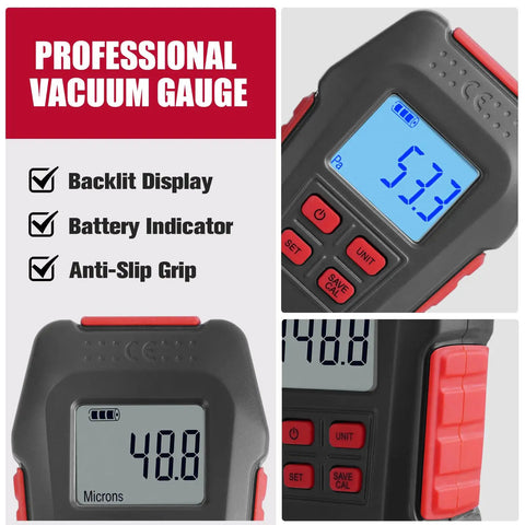 Digital HVAC Vacuum Gauge With Real Time Micron Readout 1/4 Inch SAE Connection Vacuum Meter For Refrigeration Systems And Heat Pumps Tracks Dehumidification And Impurity Removal During Service For Pros And DIY Techs, front view