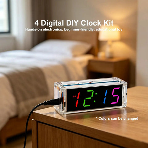 4 Digital Clock DIY Soldering Practice Kits With Color Display Electronics Build Alarm Clock Projects For Fun Learn Hands On Soldering Includes English Instructions Night Light Temperature Date And Week Display, clear acrylic digital clock on bedside table